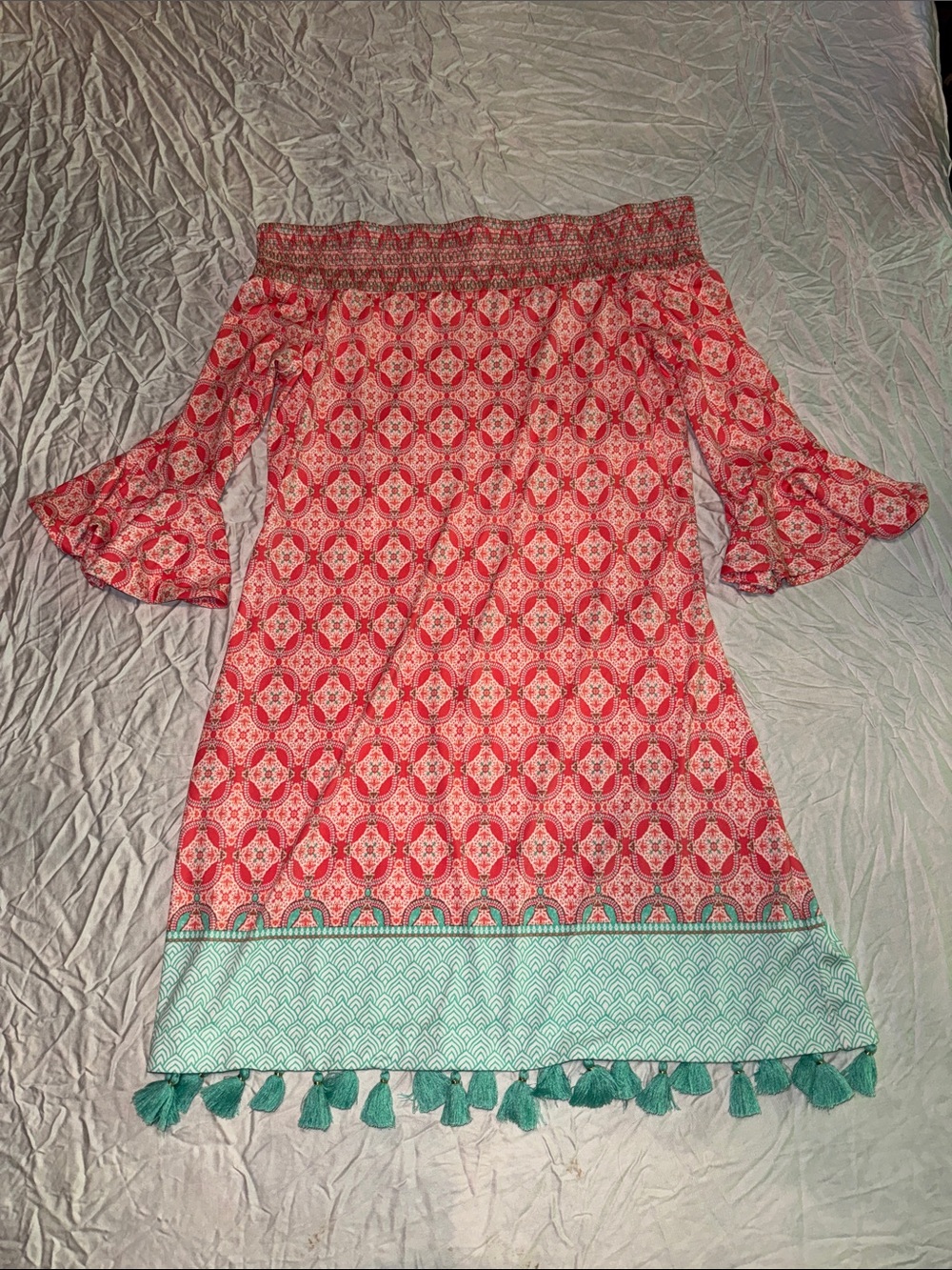 Cabana Life Pink Patterned Off-Shoulder Coral Tides Coverluxe Smocked Dress